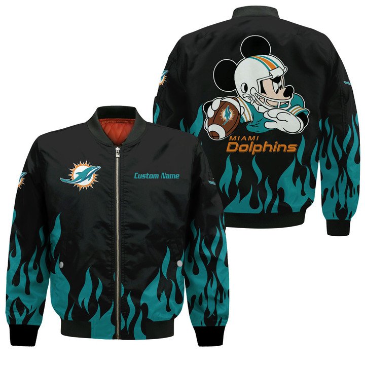 NFL Miami Dolphins Bomber Jacket Symbol Flames Fire Disney Mickey ...