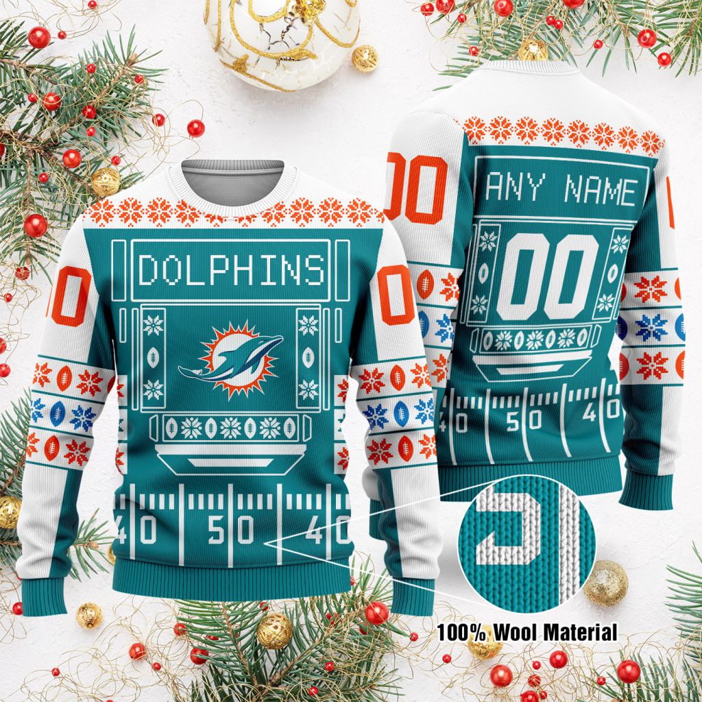 Miami Dolphins Shop - nfl miami dolphins sweater playing field ugly christmas custom name number69742