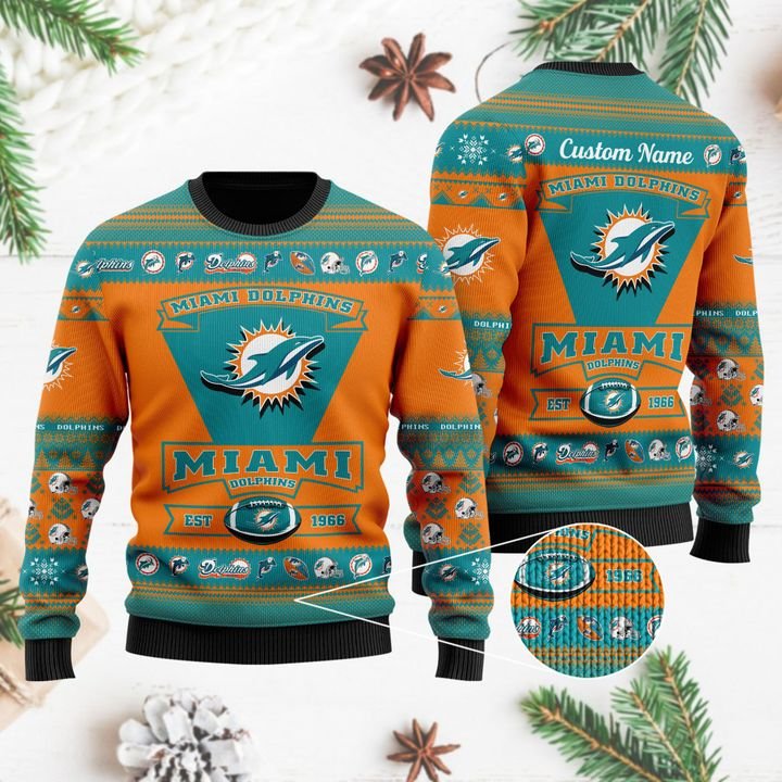 NFL Miami Dolphins Sweatshirt Custom Name Ugly Christmas