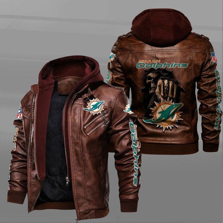 Miami Dolphins Shop - Miami Dolphins Leather Jacket Dead Skull In Back Brown