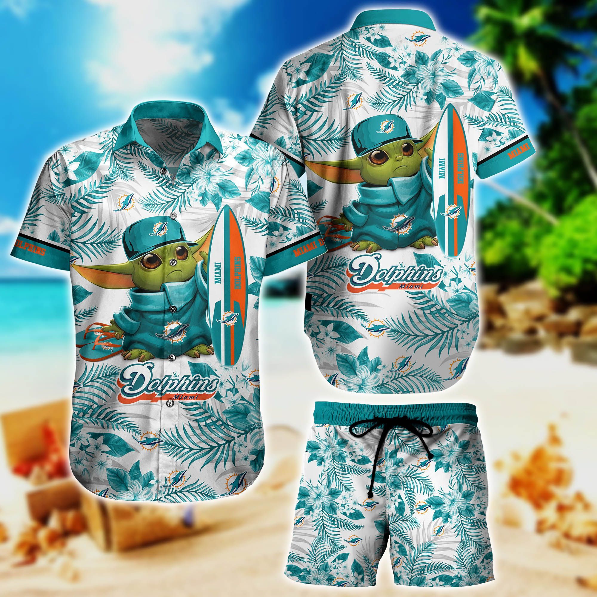 Miami Dolphins NFL Summer Yoda Surfboard Hawaiian Shirt and Short 3D