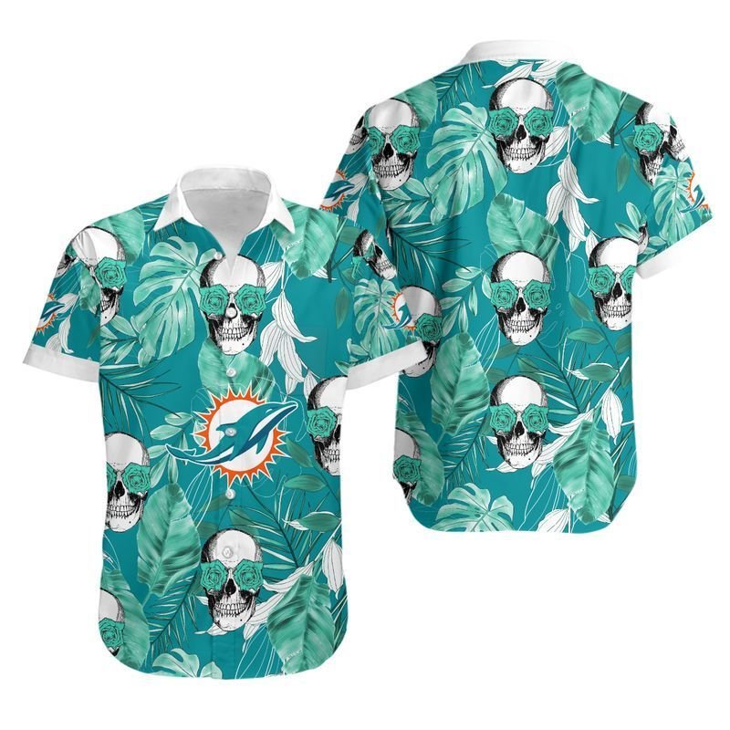 NFL Miami Dolphins Coconut Leaves And Skulls Hawaiian Shirt For Fans