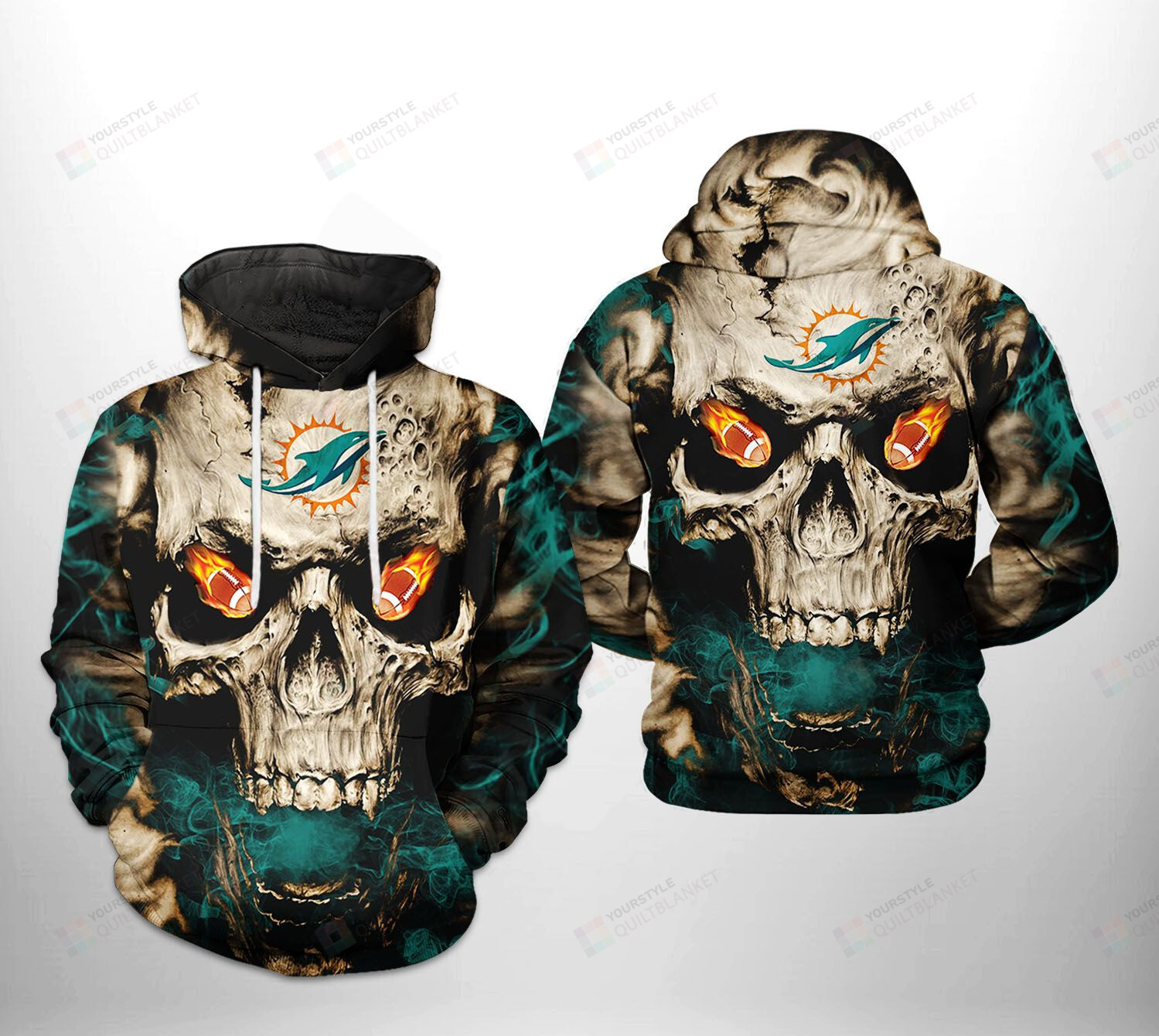Miami Dolphins Shop - Miami Dolphins NFL Skull Team 3D All Over Print Hoodie Zip up Hoodie