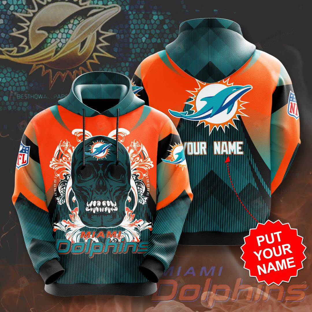 Miami Dolphins Shop - Personalized Miami Dolphins Skull Custom Name 3D All Over Print Hoodie Zip up Hoodie