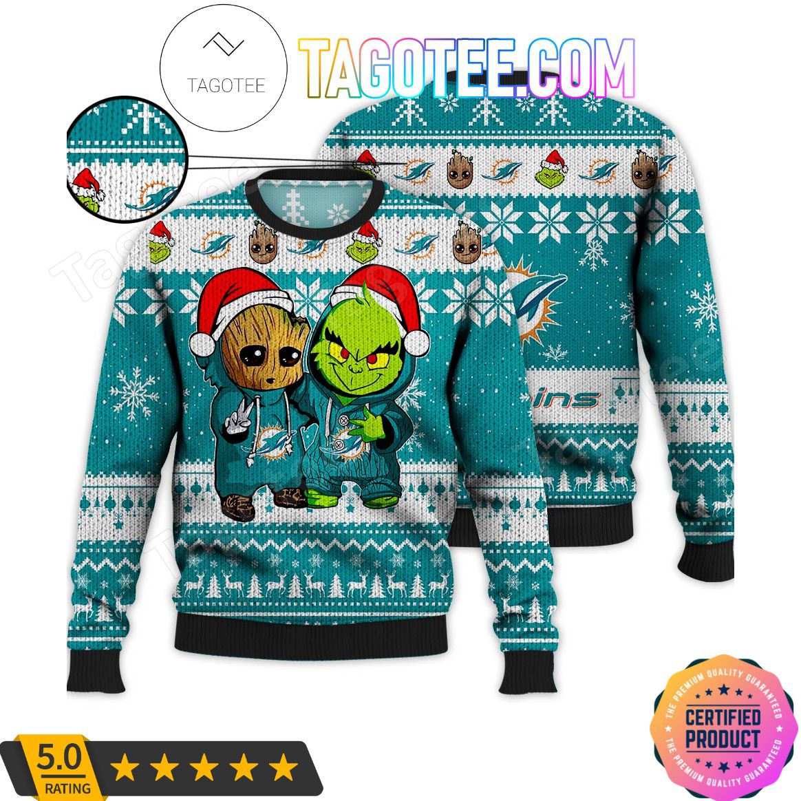 Miami Dolphins Shop - Miami Dolphins Baby Groot And Grinch NFL Fan Knitted Christmas Jumper