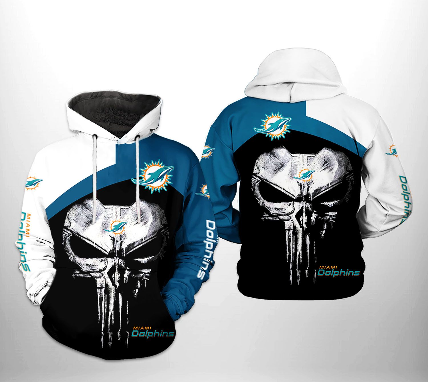 Miami Dolphins Shop - Miami Dolphins NFL Skull Punisher Team 3D Printed HoodieZipper Hoodie