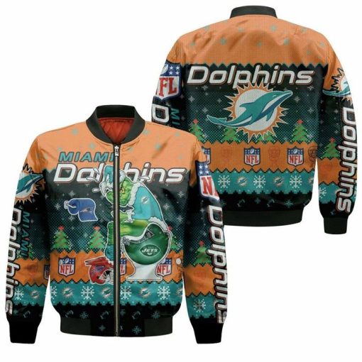 Miami Dolphins Shop - NFL Miami Dolphins The Grinch Ugly Christmas Bomber Jacket