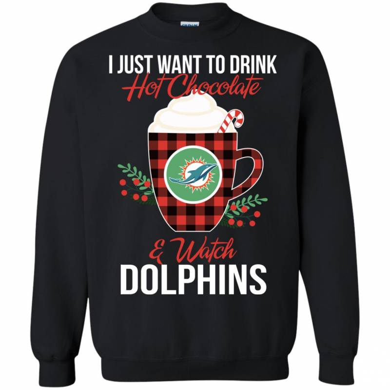 Miami Dolphins Shop - I Just Want To Drink Hot Chocolate Watch Miami Dolphins Ugly Christmas Sweater Style Shirts 1