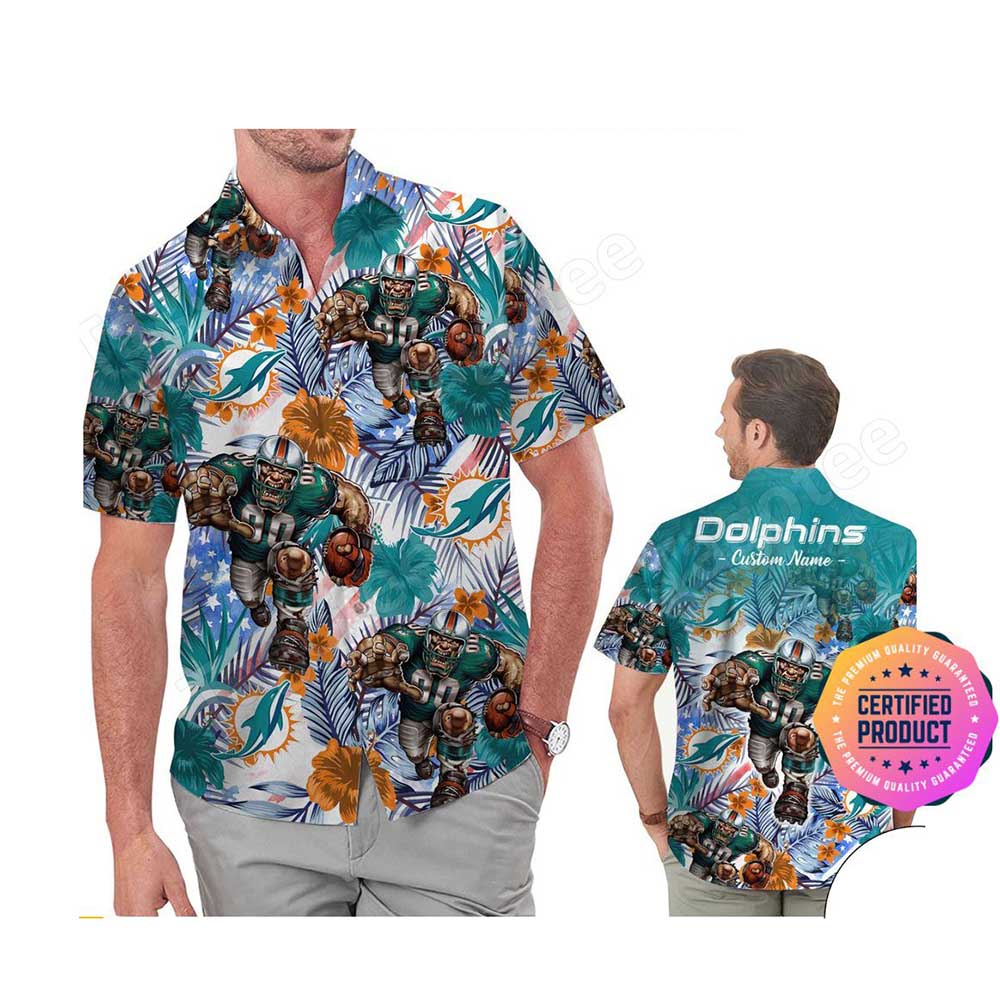 Miami Dolphins Shop - Miami Dolphins America Flag Tropical Floral Aloha Hawaiian Shirt Beach Shorts Custom Name For Men Women