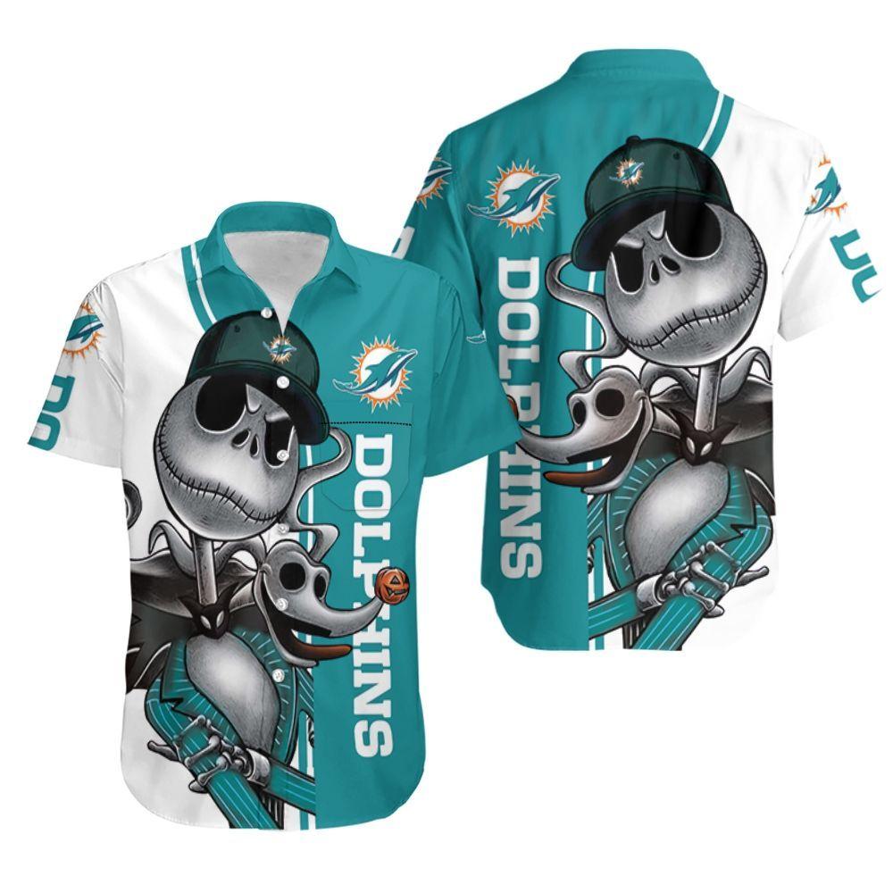 Miami Dolphins Shop - Beach Shirt Miami Dolphins Jack Skellington And Zero Hawaiian Shirt