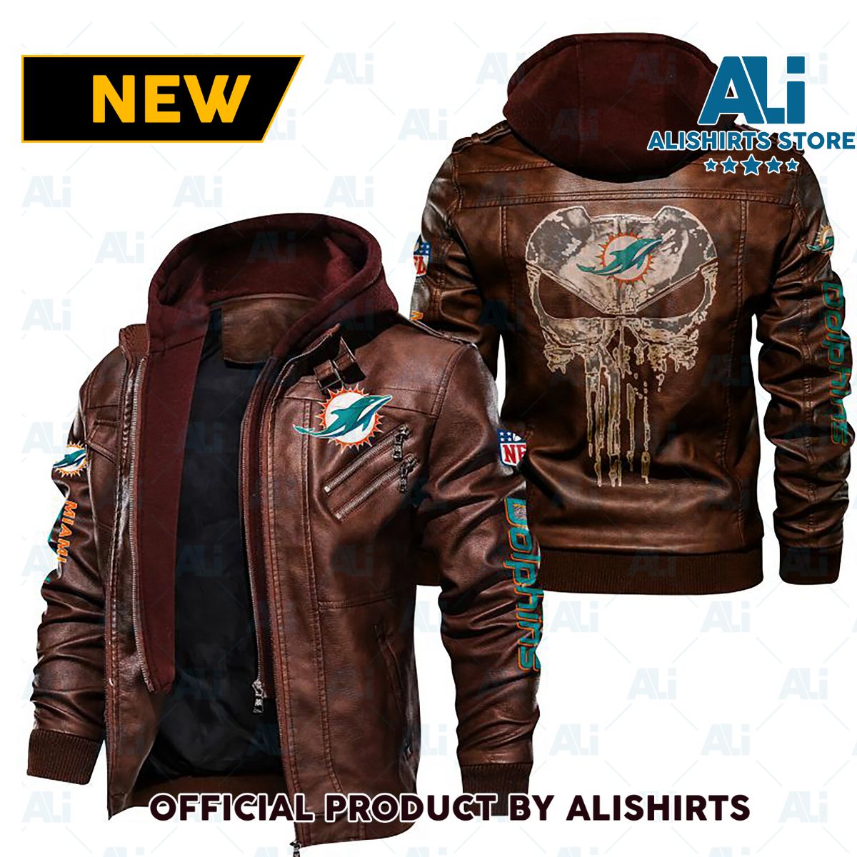 Miami Dolphins Shop - NFL MIAMI DOLPHINS THE PUNISHER LEATHER JACKET V1