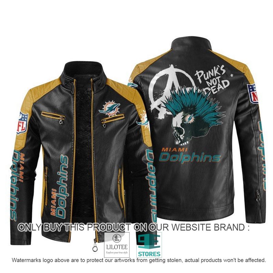 Miami Dolphins Shop - NFL Miami Dolphins Punk's Not Dead Skull Block Leather Jacket V4