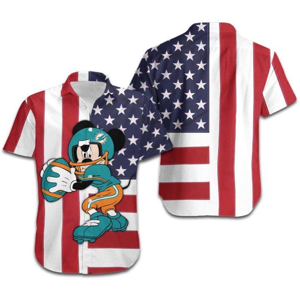 Miami Dolphins Shop - Nfl Miami Dolphins Shirt American Flag Disney Mickey 3d All Over Print Summer Short Sleeve Hawaiian Beach Shirt