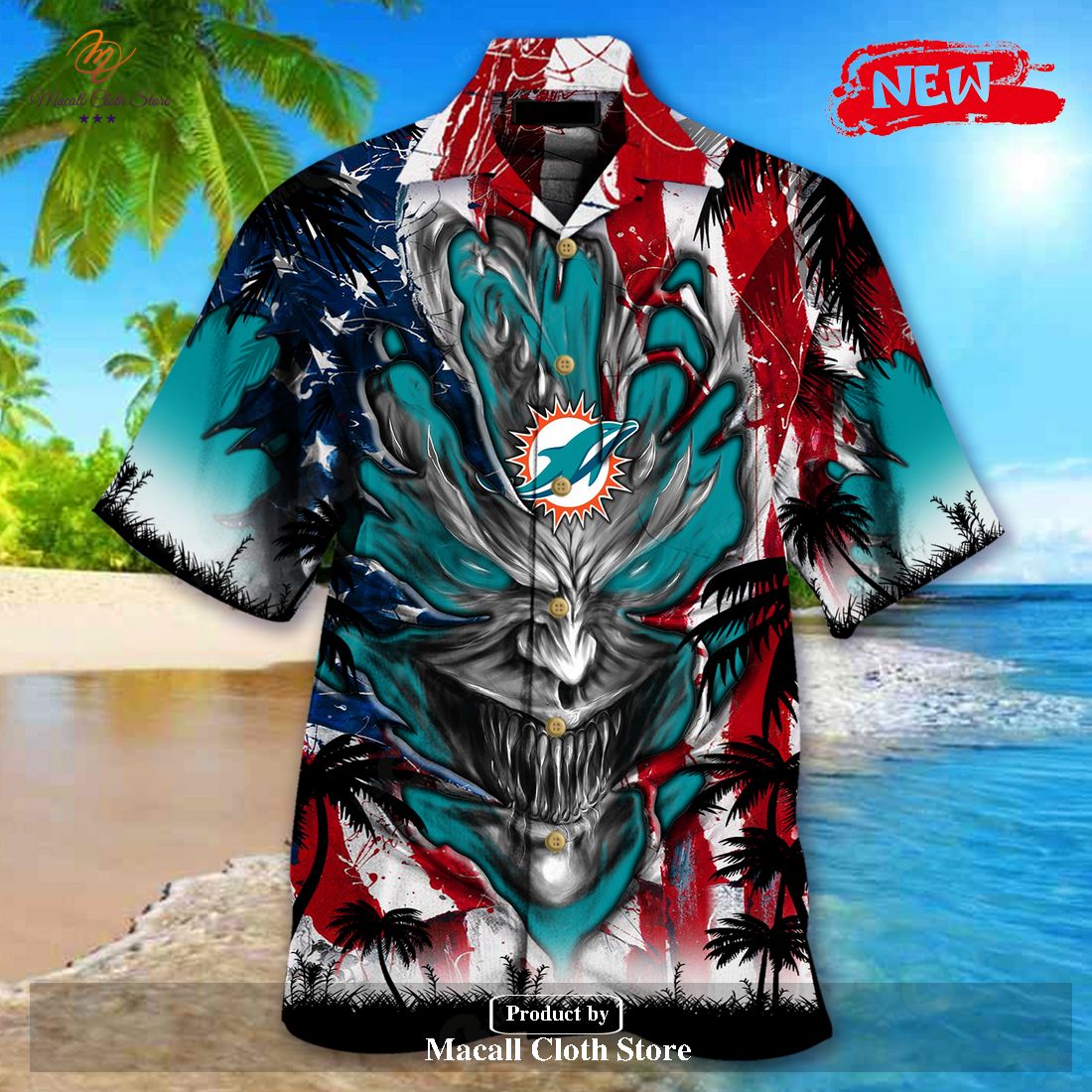 Miami Dolphins Shop - NFL Miami Dolphins US Flag Demon Face Hawaiian Shirt