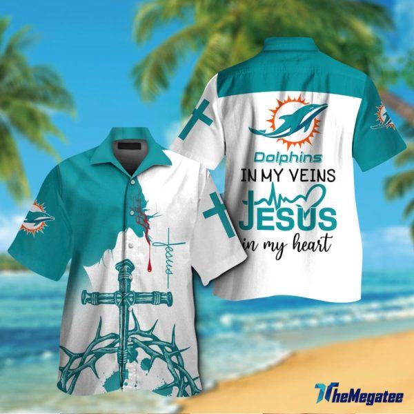 Miami Dolphins Shop - Miami Dolphins In My Veins Jesus In My Heart Button Shirt