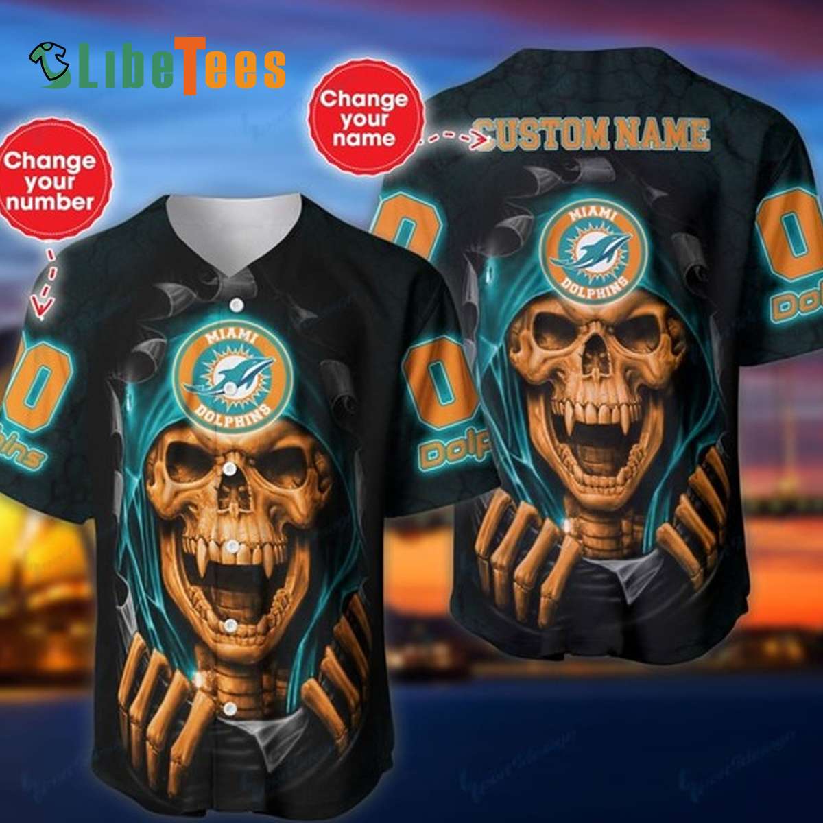 Miami Dolphins Shop - Miami Dolphins Baseball Jersey Skull And Logo Graphic Halloween