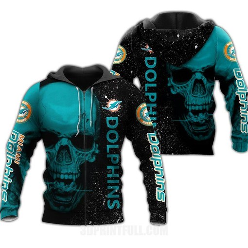 Miami Dolphins Shop - Nfl Miami Dolphins Hoodie Skull Skeleton Custom Name 3D All Over Print