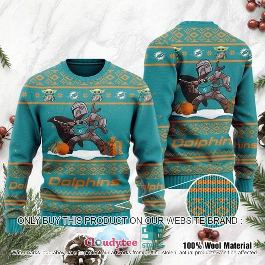 Miami Dolphins Shop - Baby Yoda Boba Fett The Mandalorian Miami Dolphins Christmas Wool Sweater