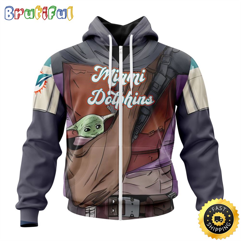 Miami Dolphins Shop - NFL Miami Dolphins All Over Print Zip Hoodie 3D Specialized Mandalorian And Baby Yoda Unisex Hoodies