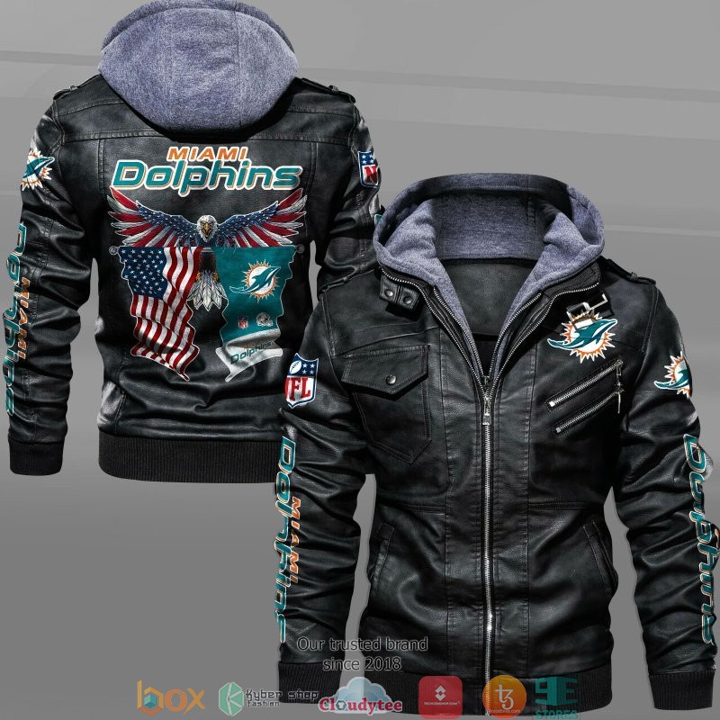 Miami Dolphins Shop - NFL Miami Dolphins Eagle American flag 2d leather Jacket Black