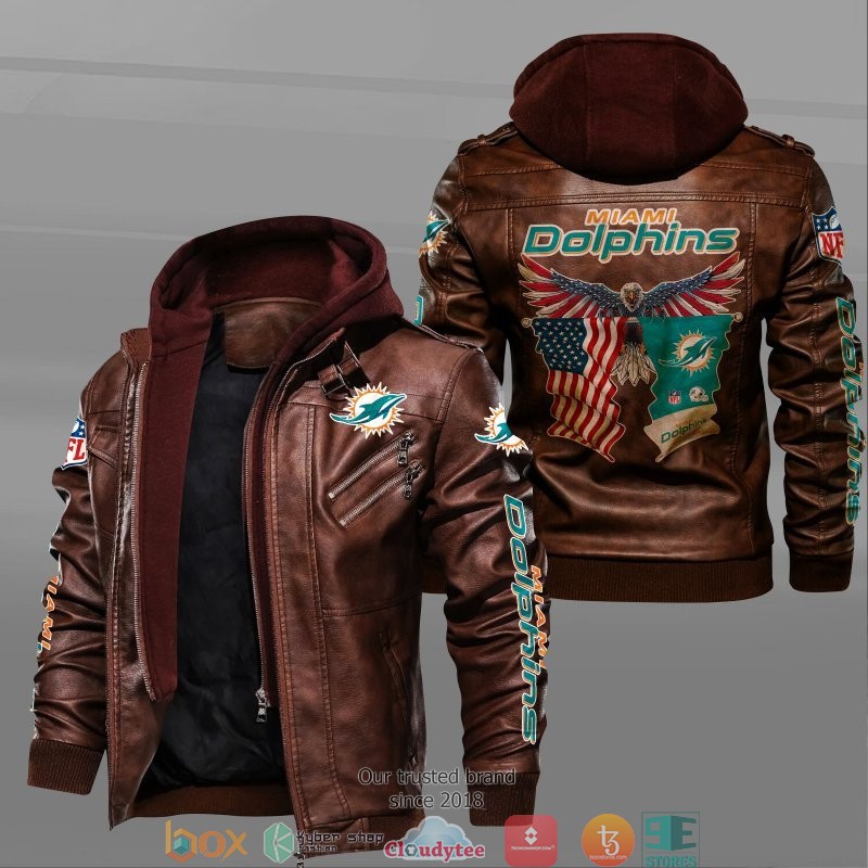 Miami Dolphins Shop - NFL Miami Dolphins Eagle American flag 2d leather Jacket Brown
