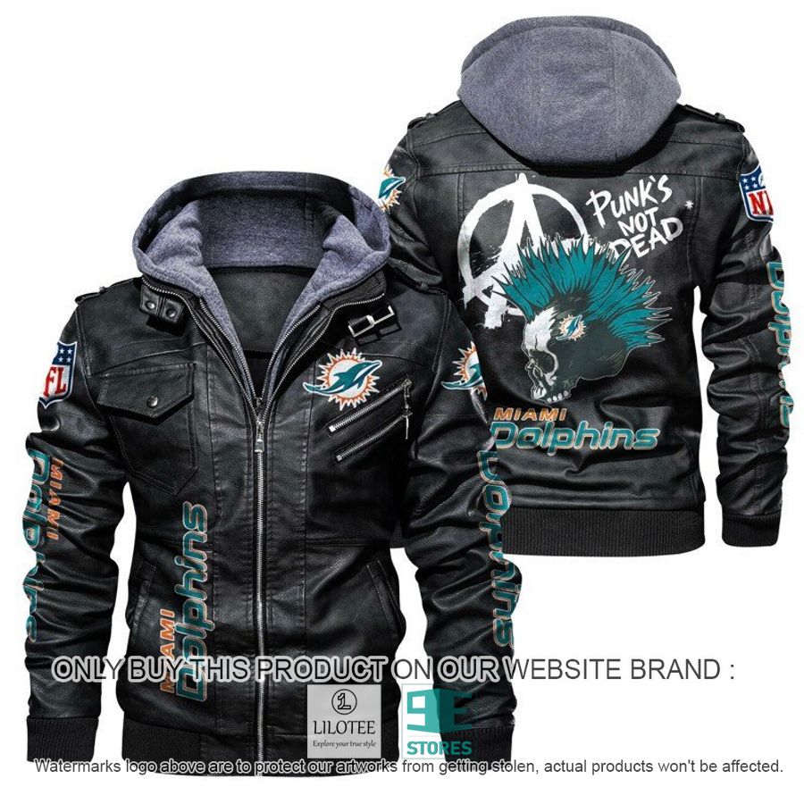 Miami Dolphins Shop - NFL Miami Dolphins Punk's Not Dead Skull Leather Jacke Black
