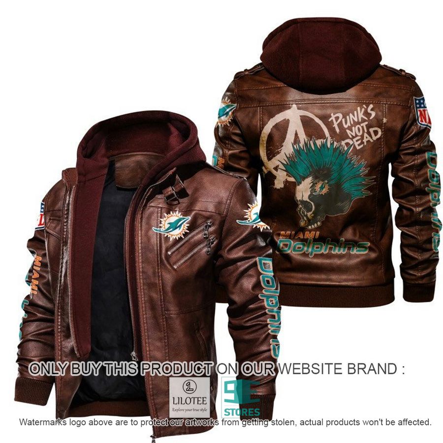 Miami Dolphins Shop - NFL Miami Dolphins Punk's Not Dead Skull Leather Jacke Brown