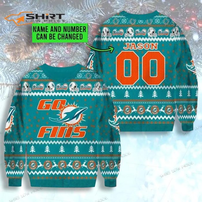Custom Name Go Fins Miami Dolphins Ugly Christmas Sweater