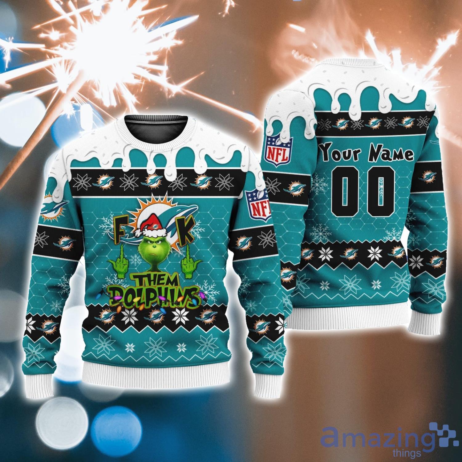 NFL Grinch Miami Dolphins Personalized Name And Number Ugly-Christmas Sweater