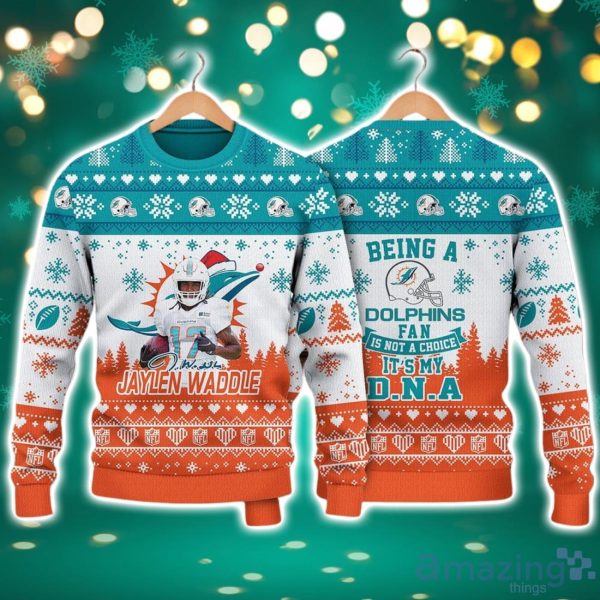 Miami Dolphins Shop - Jaylen Waddle Miami Dolphins Being A Dolphins Fan Is My DNA NFL Christmas Ugly Sweater