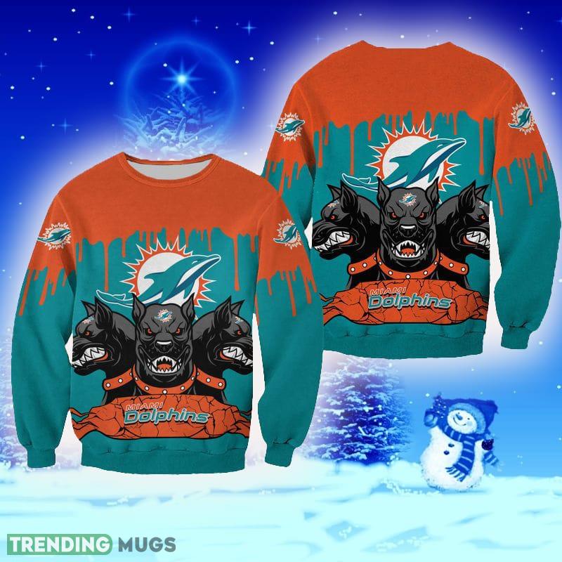 Miami Dolphins Shop - Miami Dolphins 3 Heads Cerberus Decorate Ugly Sweater Christmas Gift 4