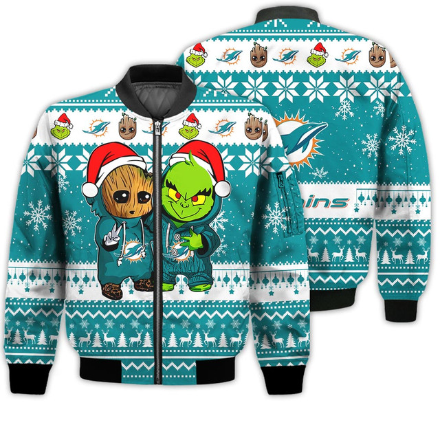Miami Dolphins Shop - Miami Dolphins Baby Groot And Grinch Best Friends Football American Ugly Christmas Bomber Jacket