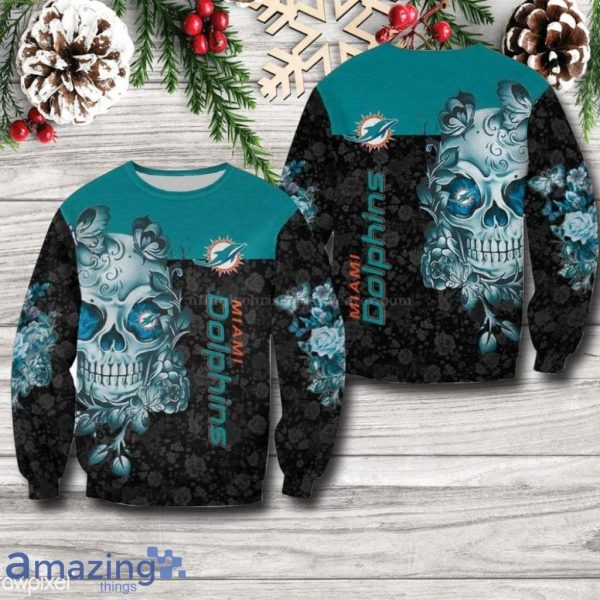 Miami Dolphins Shop - Miami Dolphins Fans Skull And Floral Sweater NFL Ugly Christmas Gift 4