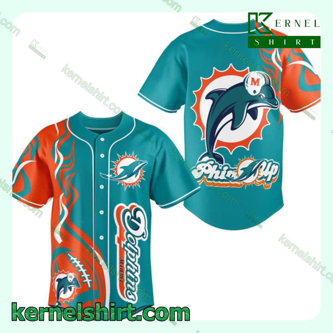 Miami Dolphins Shop - Miami Dolphins Phins Up Fire Ball Baseball Jersey Shirt