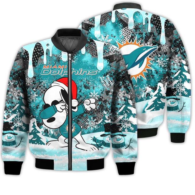 Miami Dolphins Shop - Miami Dolphins Snoopy Dabbing The Peanuts Sports Football American Christmas Dripping Matching Bomber Jacket
