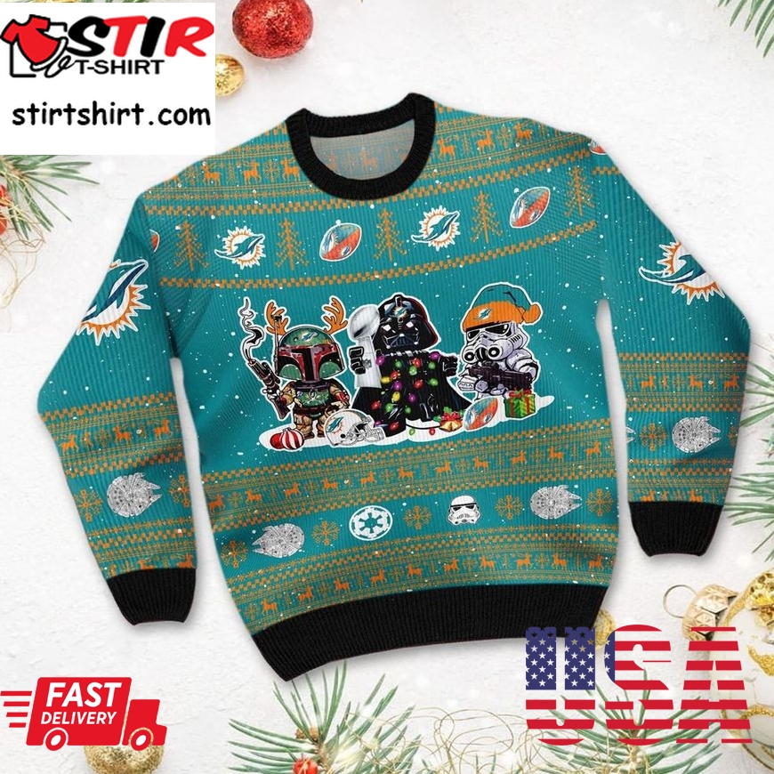 Miami Dolphins Shop - Miami Dolphins Star Wars Christmas Ugly Sweater Darth Vader Boba Fett Stormtrooper