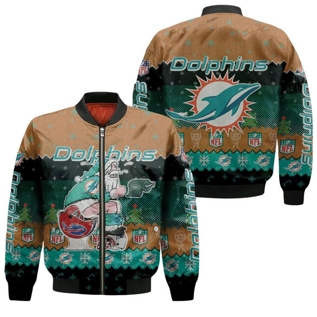 Miami Dolphins Shop - santa Claus Miami Dolphins Sitting on Jets Bills Patriots Toilet Christmas Bomber Jacket