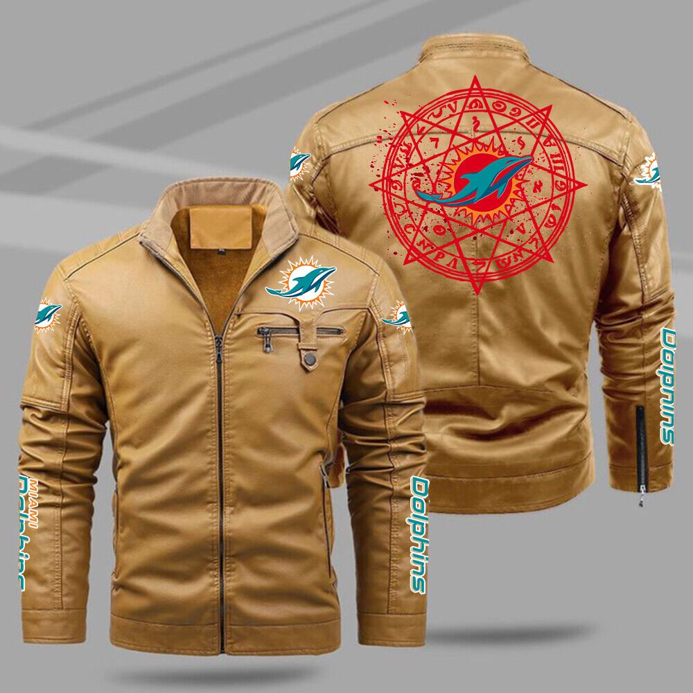 Miami Dolphins Shop - Miami Dolphins Fleece Lined Leather Jacket Motorcycle Brown