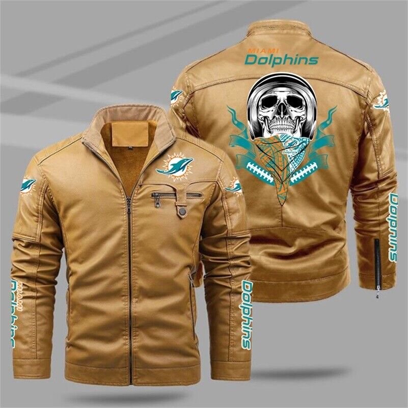 Miami Dolphins Shop - Miami Dolphins Mens Leather Jacket Brown