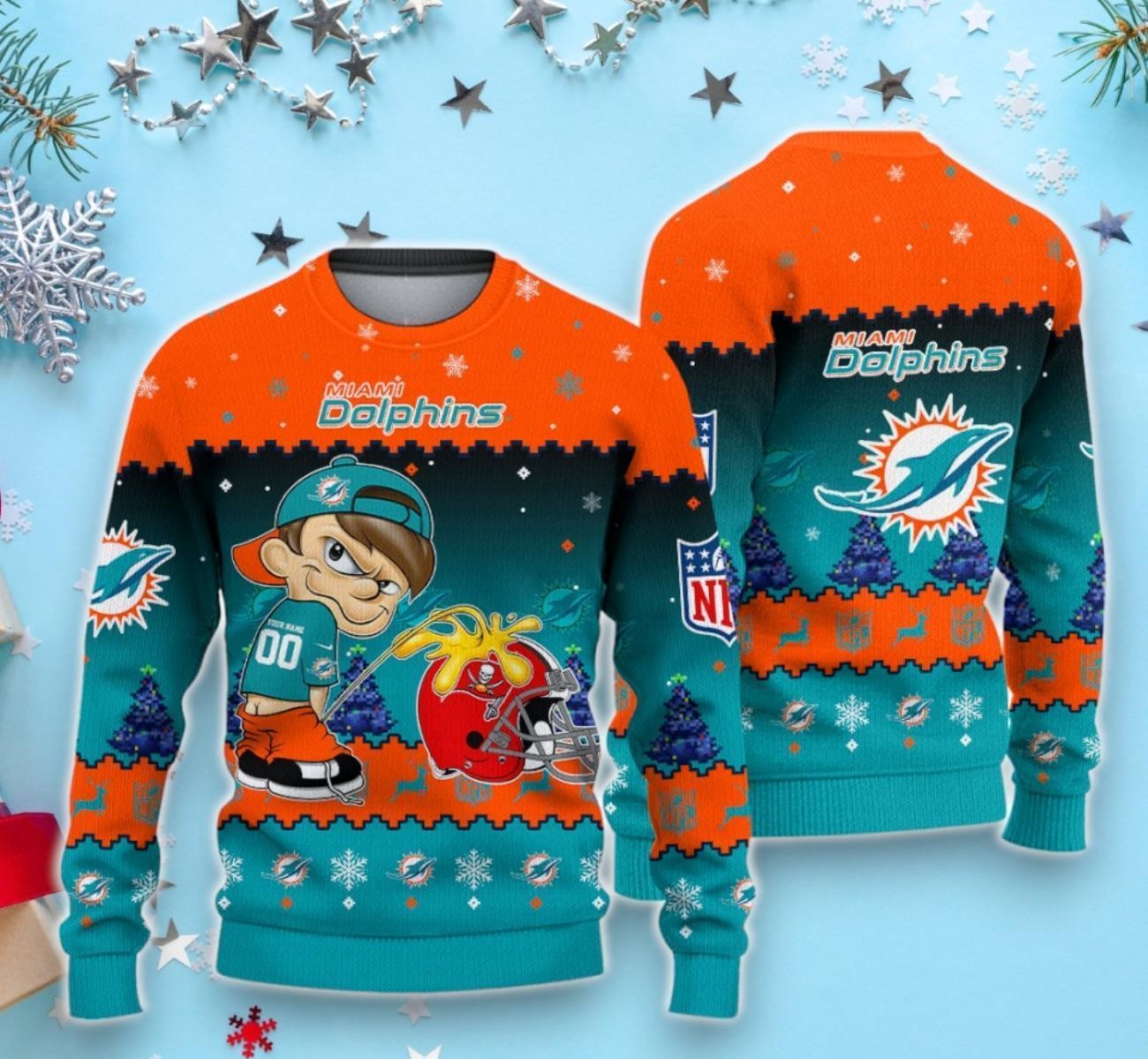 Miami Dolphins NFL Custom Number And Name Ugly Christmas Sweater For Fans