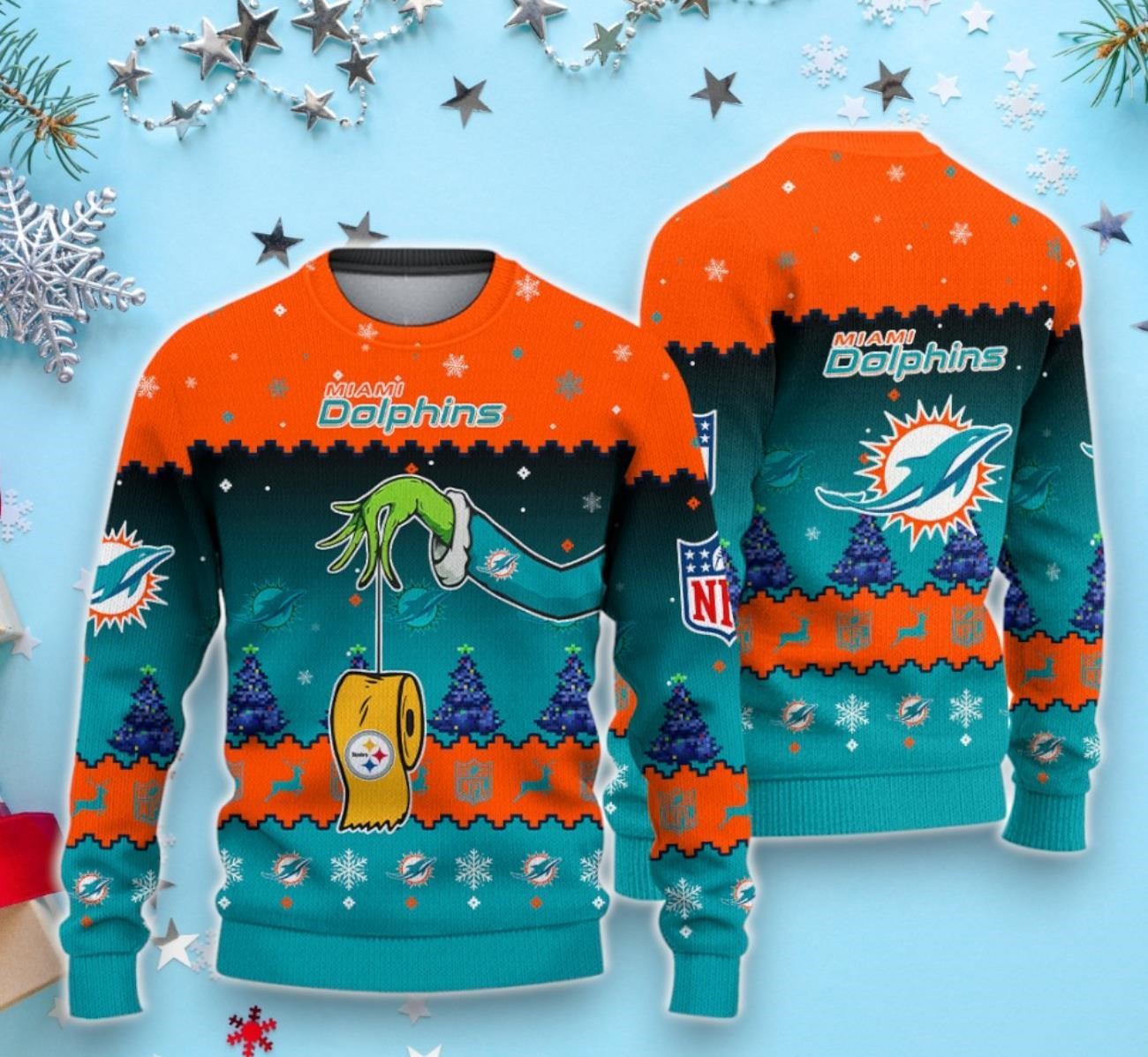 Miami Dolphins NFL Grinch Toilet Paper Ugly Christmas Sweater For Fans