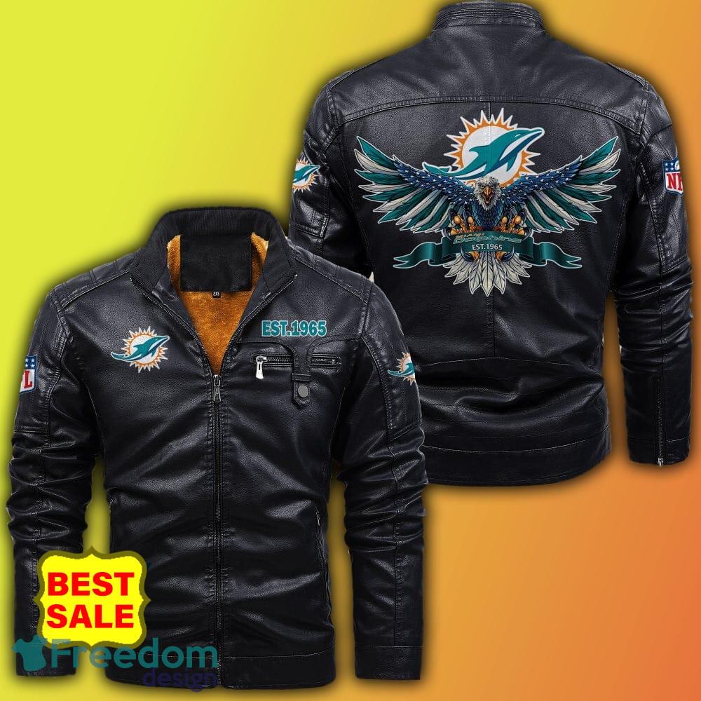 Miami Dolphins Shop - NFL Miami Dolphins 2D Leather Jacket Men And Women bLACK