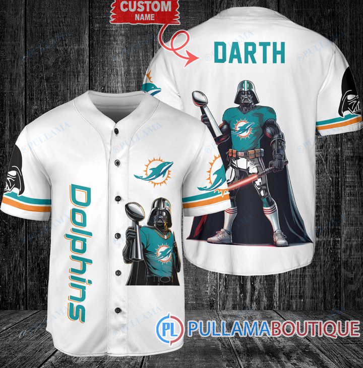 Miami Dolphins Shop - MIAMI DOLPHINS X DARTH VADER STAR WARS WITH TROPHY CUSTOM BASEBALL JERSEY WHITE