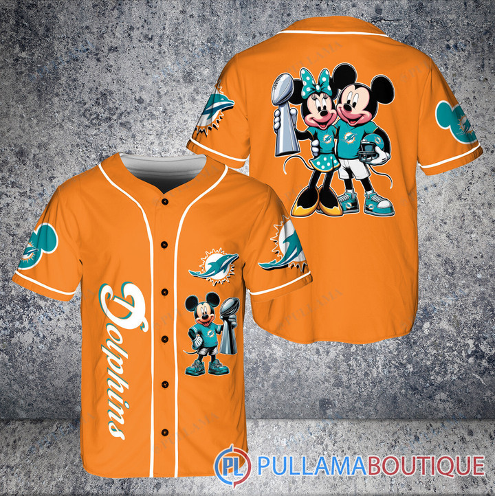 Miami Dolphins Shop - MIAMI DOLPHINS X MICKEY AND MINNIE WITH TROPHY BASEBALL JERSEY ORANGE