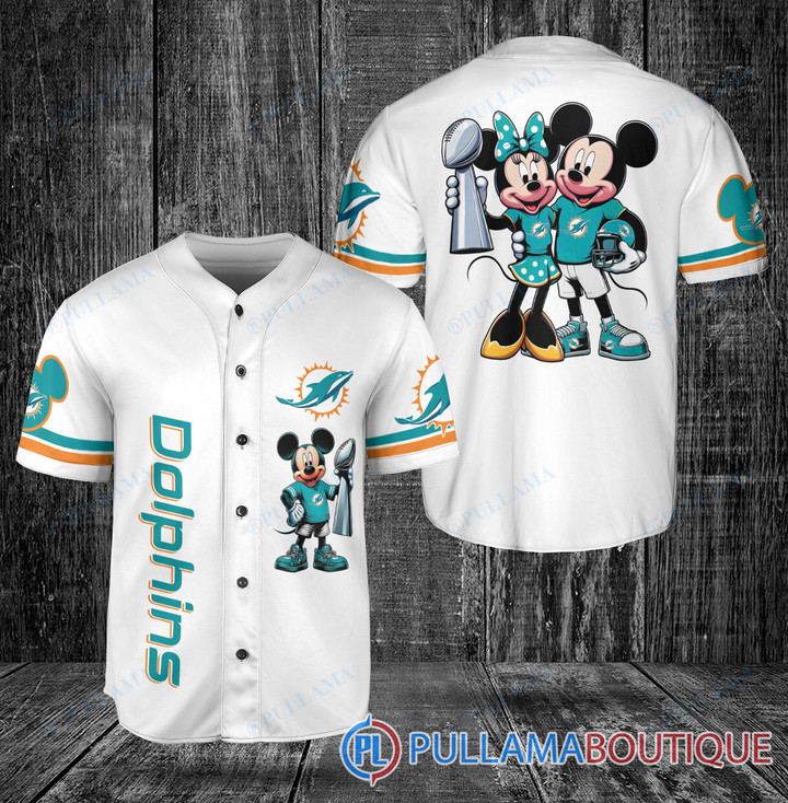 Miami Dolphins Shop - MIAMI DOLPHINS X MICKEY AND MINNIE WITH TROPHY BASEBALL JERSEY WHITE