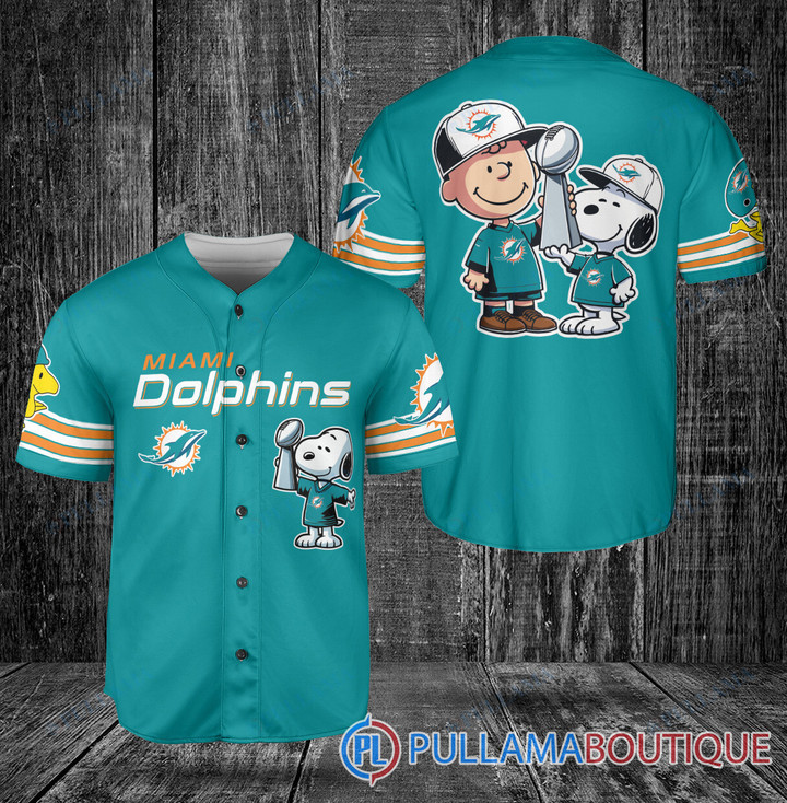 Miami Dolphins Shop - MIAMI DOLPHINS X SNOOPY AND CHARLIE BROWN WITH TROPHY BASEBALL JERSEY AQUA