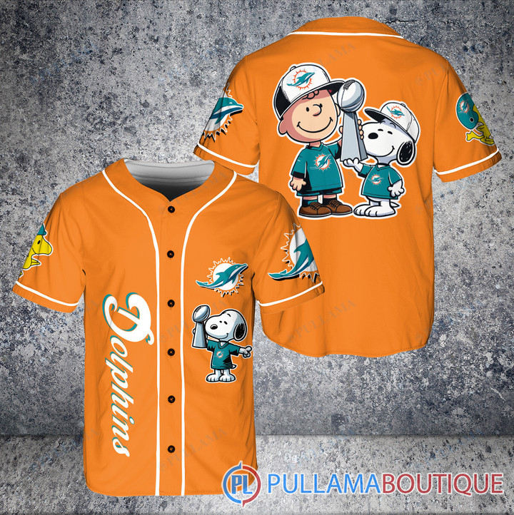 Miami Dolphins Shop - MIAMI DOLPHINS X SNOOPY AND CHARLIE BROWN WITH TROPHY BASEBALL JERSEY ORANGE