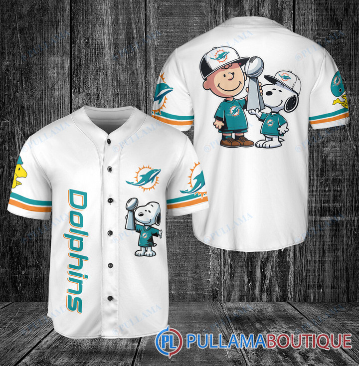 Miami Dolphins Shop - MIAMI DOLPHINS X SNOOPY AND CHARLIE BROWN WITH TROPHY BASEBALL JERSEY WHITE