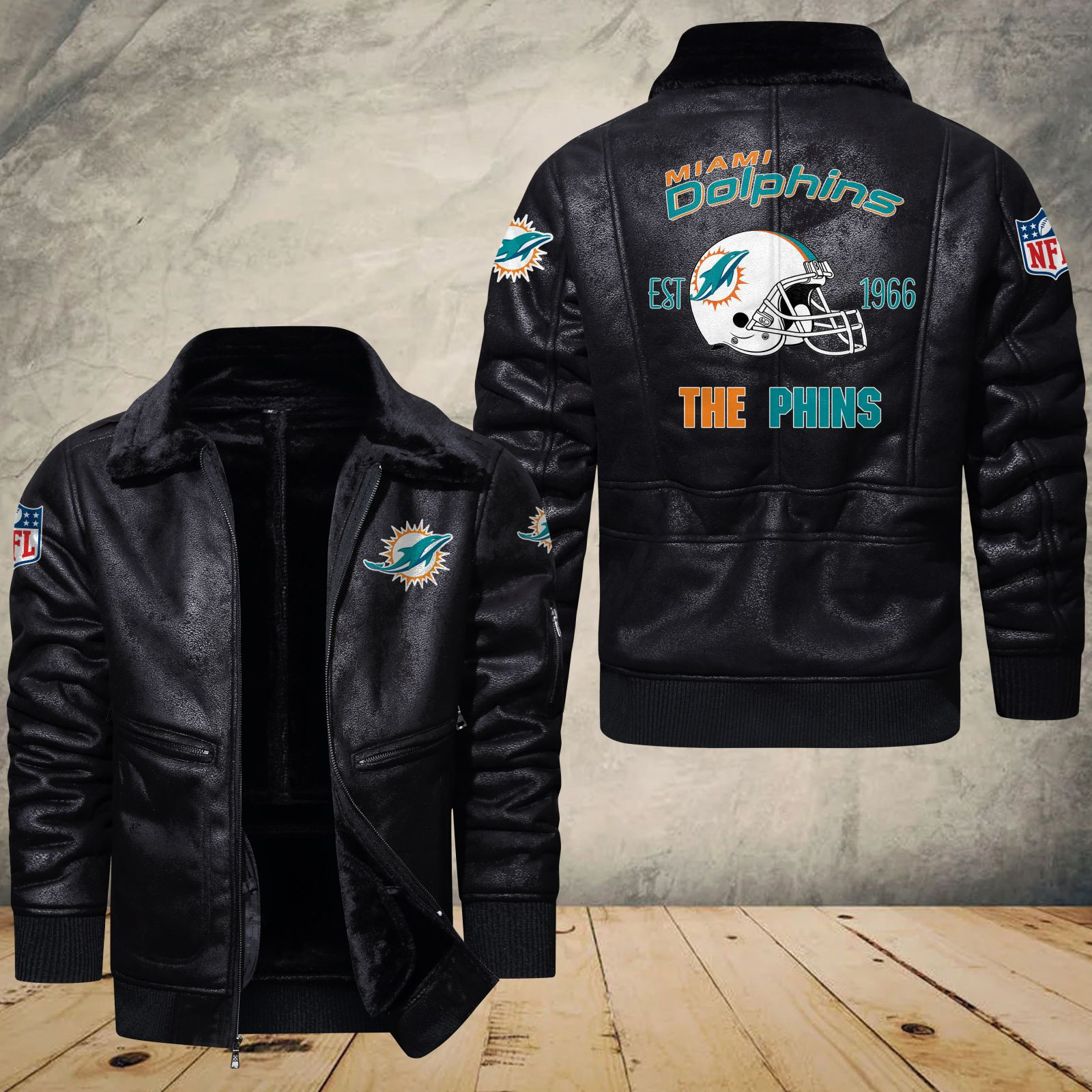 Miami Dolphins Shop - Miami Dolphins Fleece Leather Bomber Jacket