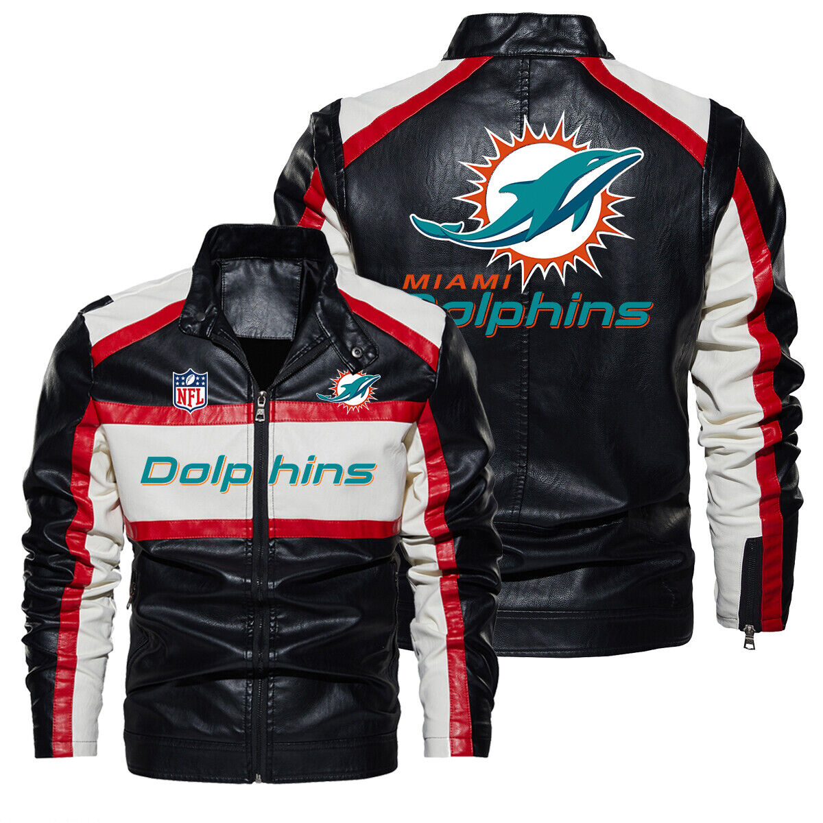 Miami Dolphins Shop - Miami Dolphins Leather Jacket Motorcycle Stand Collar Coat V2